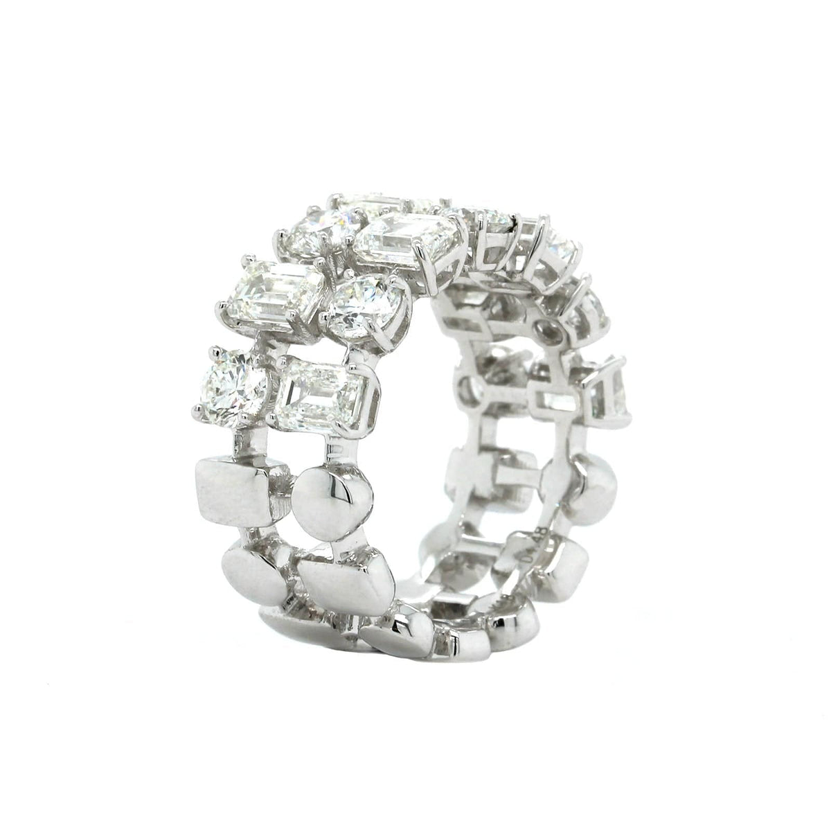 18K White Gold 2 Row Emerald and Round Diamond Band