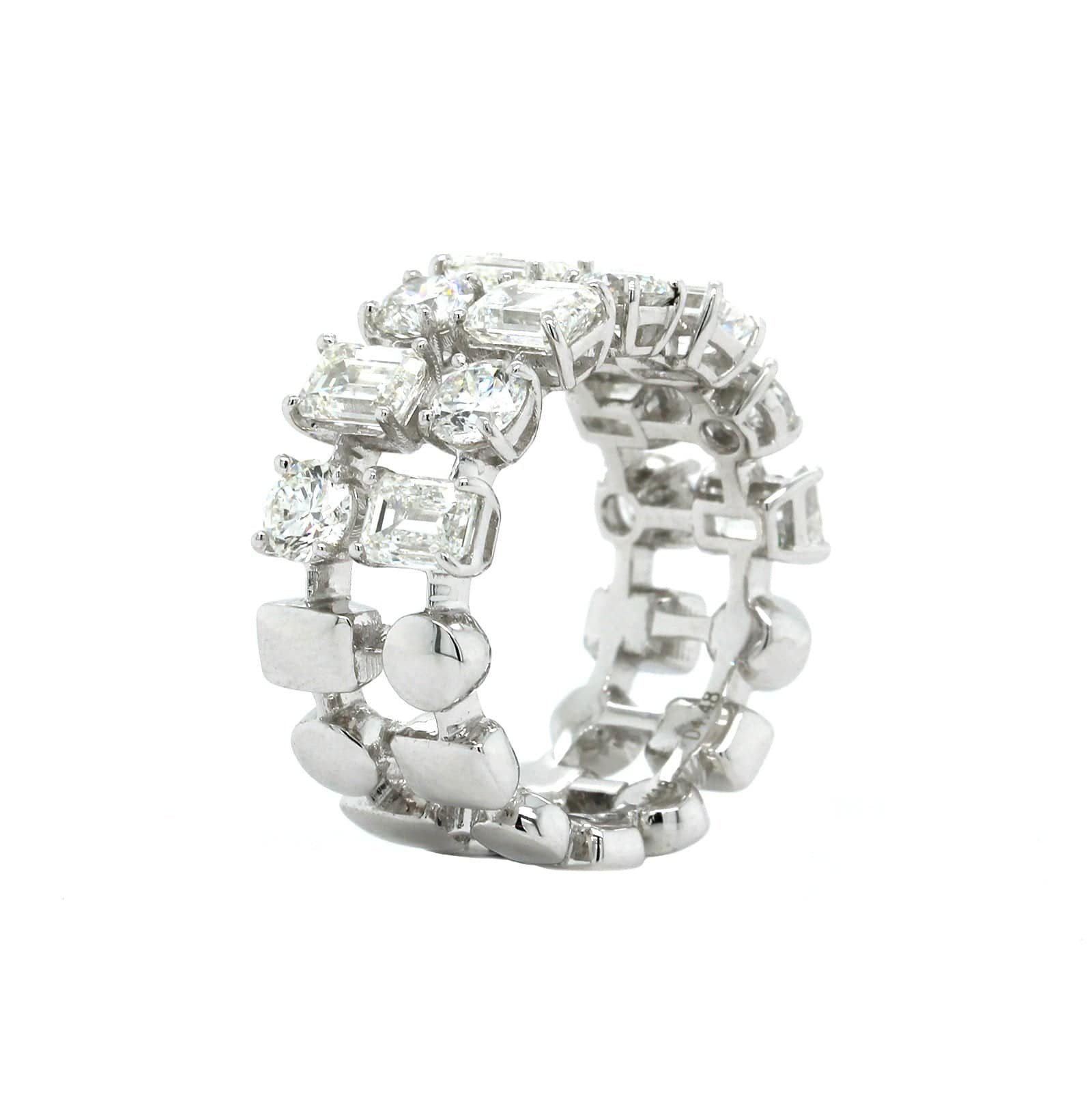 18K White Gold 2 Row Emerald and Round Diamond Band