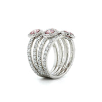 18K White Gold 4 Row Pink Diamond and Diamond Halo Ring
