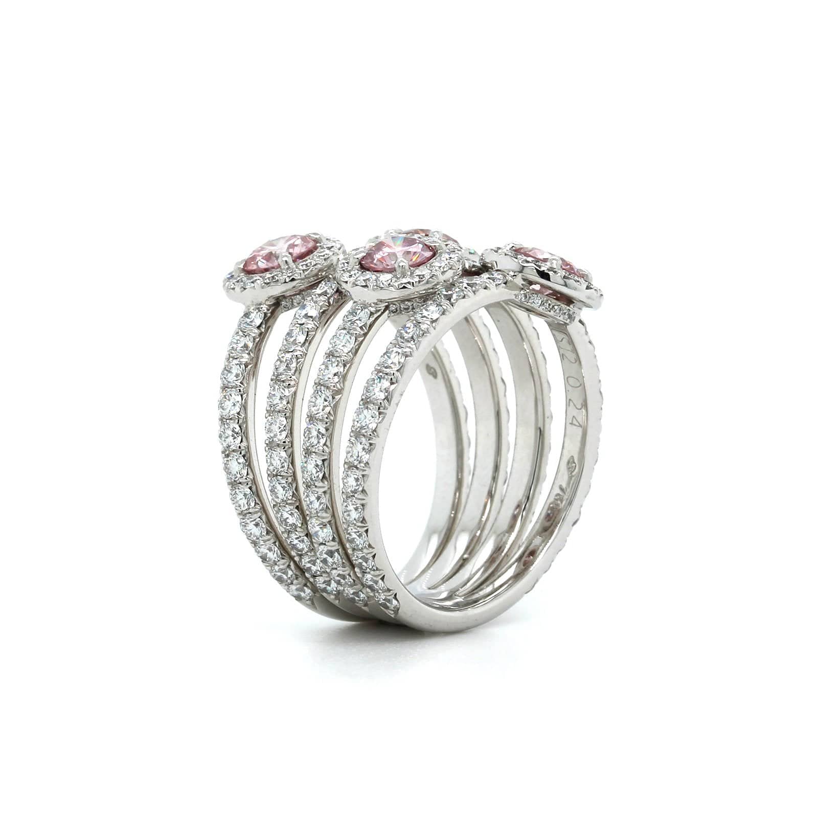 18K White Gold 4 Row Pink Diamond and Diamond Halo Ring
