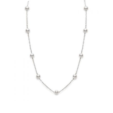 18K White Gold Akoya Cultured Pearl Station Necklace, white gold, Long's Jewelers