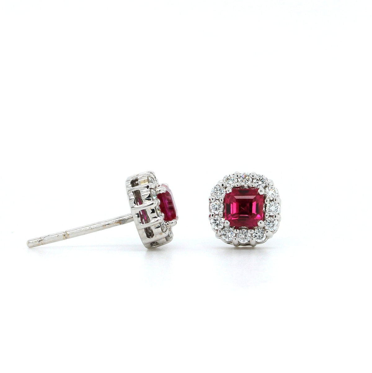 18K White Gold Asscher Cut Ruby and Diamond Halo Stud Earrings, White Gold, Long's Jewelers
