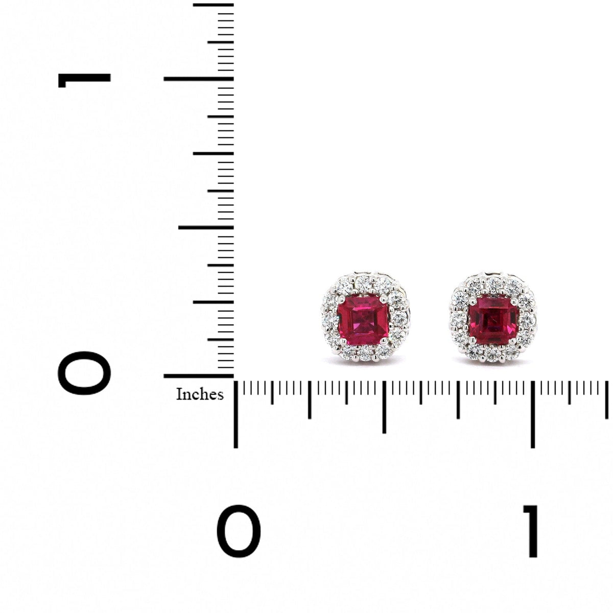 18K White Gold Asscher Cut Ruby and Diamond Halo Stud Earrings