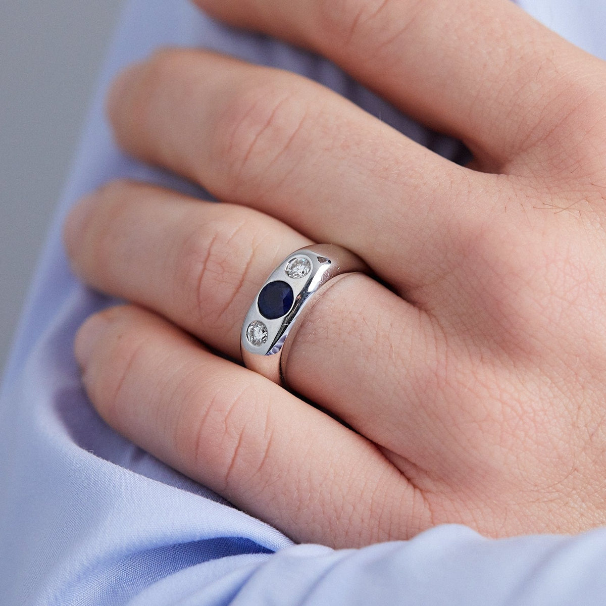 18K White Gold Bezel Set Diamond and Sapphire Band, White Gold, Long's Jewelers