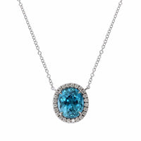 18K White Gold Blue Zircon Diamond Halo Pendant, 18k white gold, Long's Jewelers