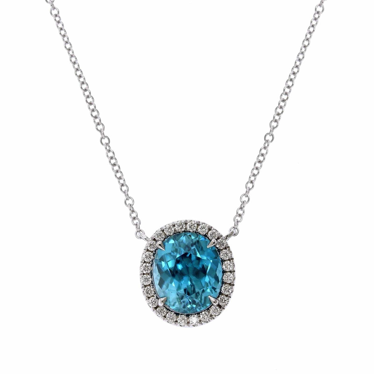18K White Gold Blue Zircon Diamond Halo Pendant, 18k white gold, Long's Jewelers