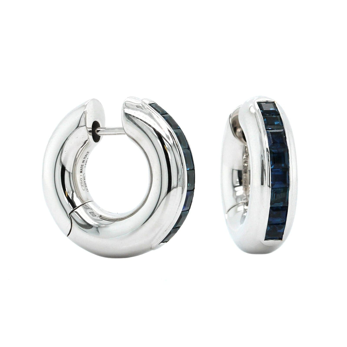 18K White Gold Channel Set Sapphire Huggie Earrings, 18k white gold, Long's Jewelers
