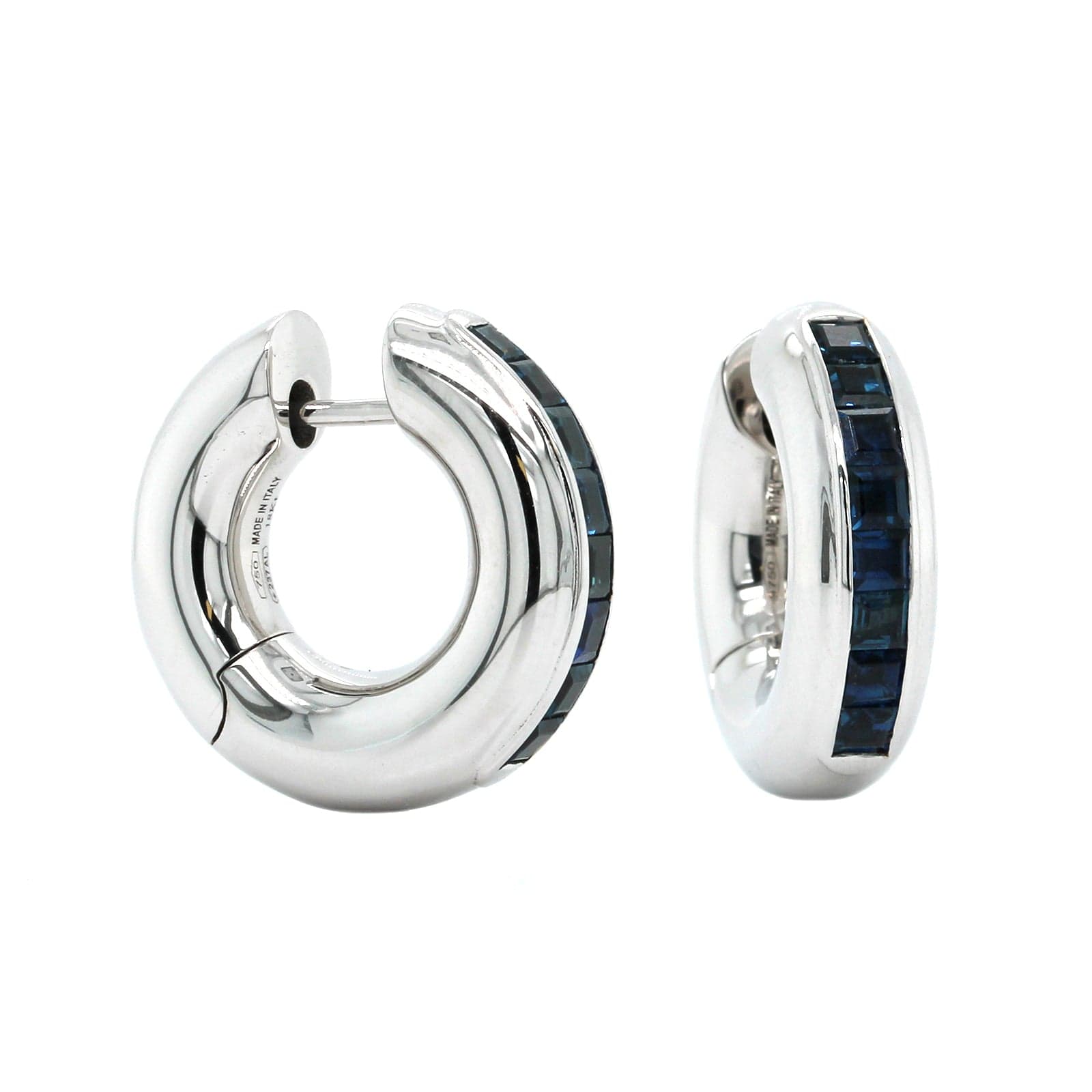18K White Gold Channel Set Sapphire Huggie Earrings, 18k white gold, Long's Jewelers