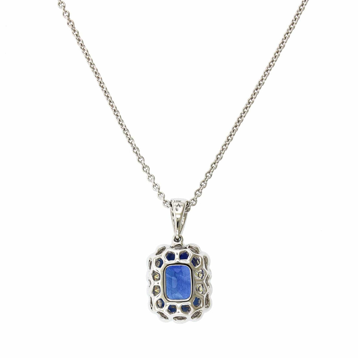 18K White Gold Emerald Cut Sapphire Diamond Halo Necklace, 18k white gold, Long's Jewelers