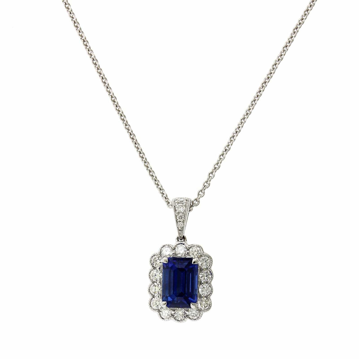 18K White Gold Emerald Cut Sapphire Diamond Halo Necklace, 18k white gold, Long's Jewelers