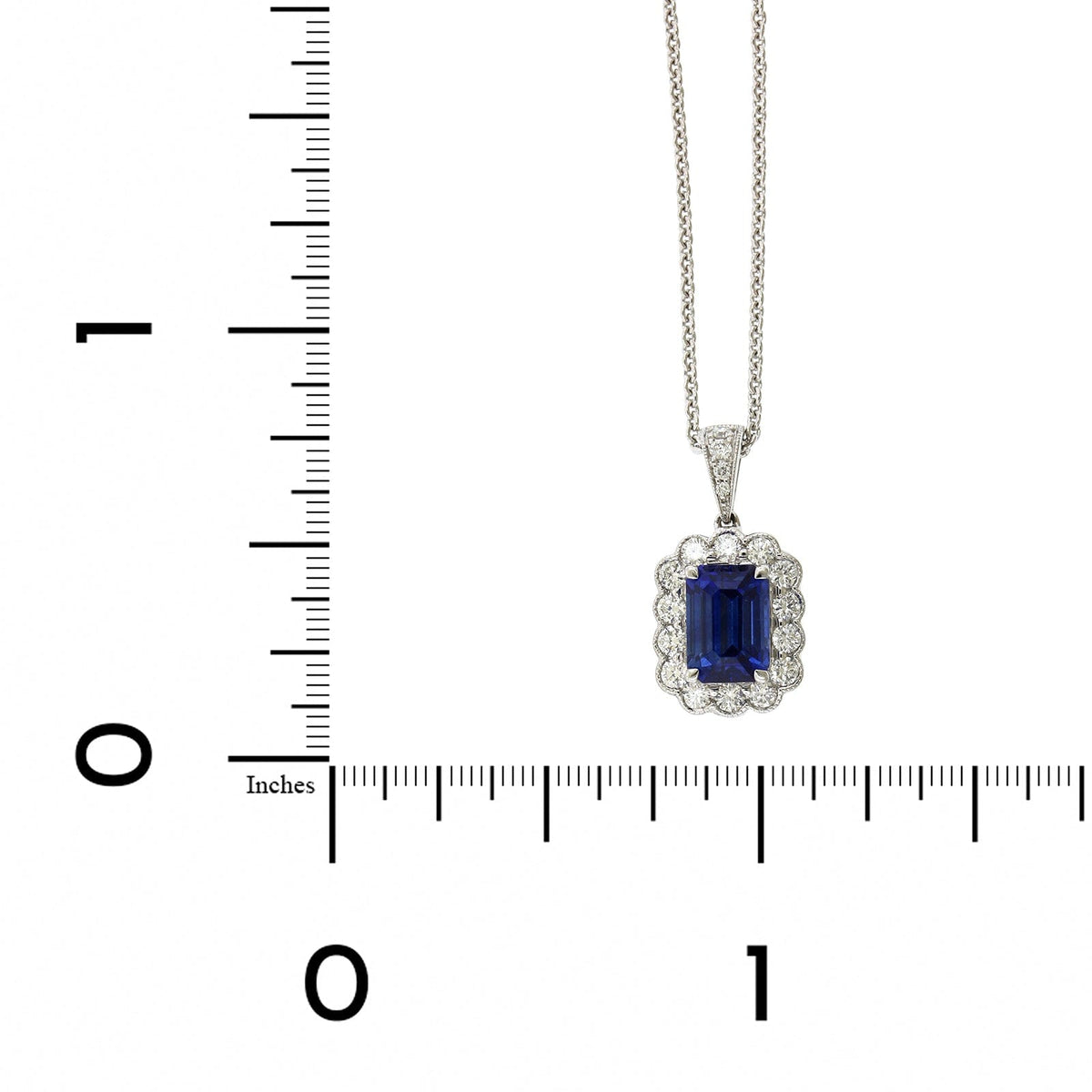 18K White Gold Emerald Cut Sapphire Diamond Halo Necklace, 18k white gold, Long's Jewelers