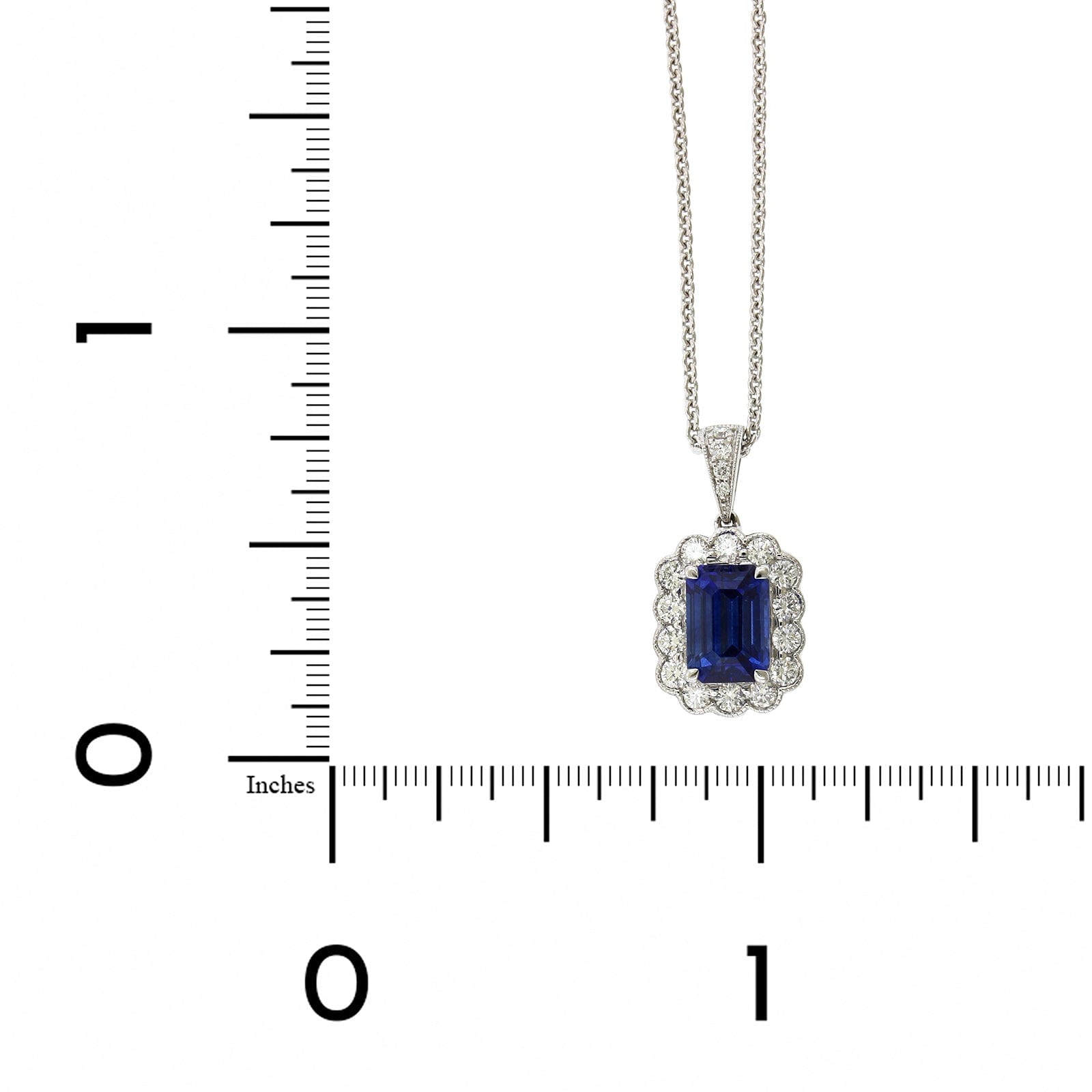 18K White Gold Emerald Cut Sapphire Diamond Halo Necklace, 18k white gold, Long's Jewelers