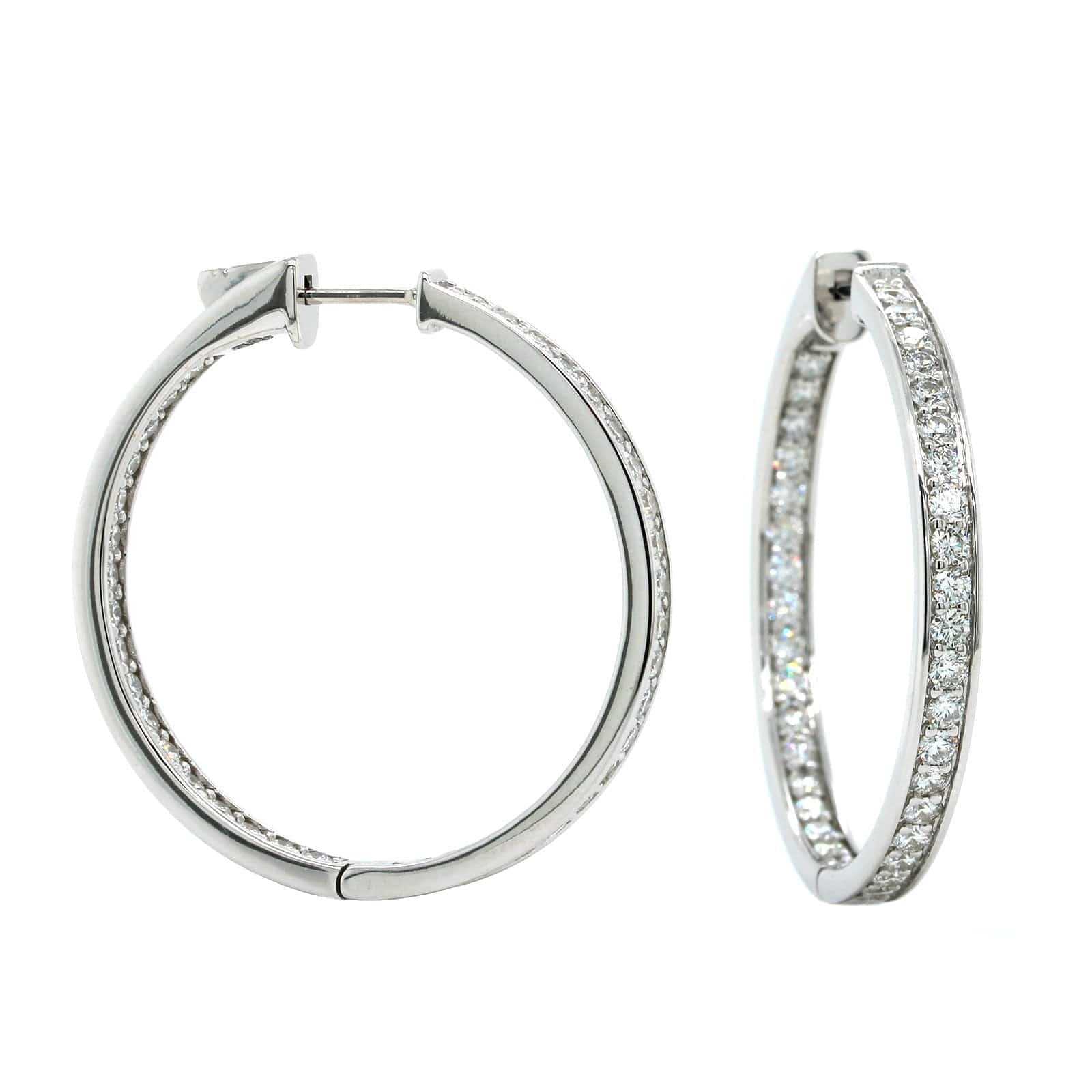 18K White Gold Inside Outside Bead Set Diamond Hoop Earrings, White Gold, Long's Jewelers