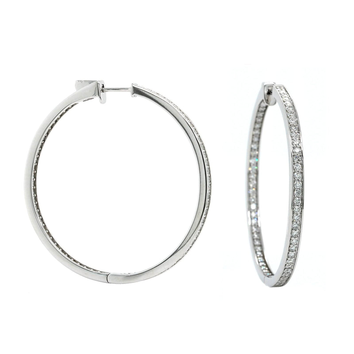 18K White Gold Inside Outside Bead Set Diamond Hoop Earrings, White Gold, Long's Jewelers