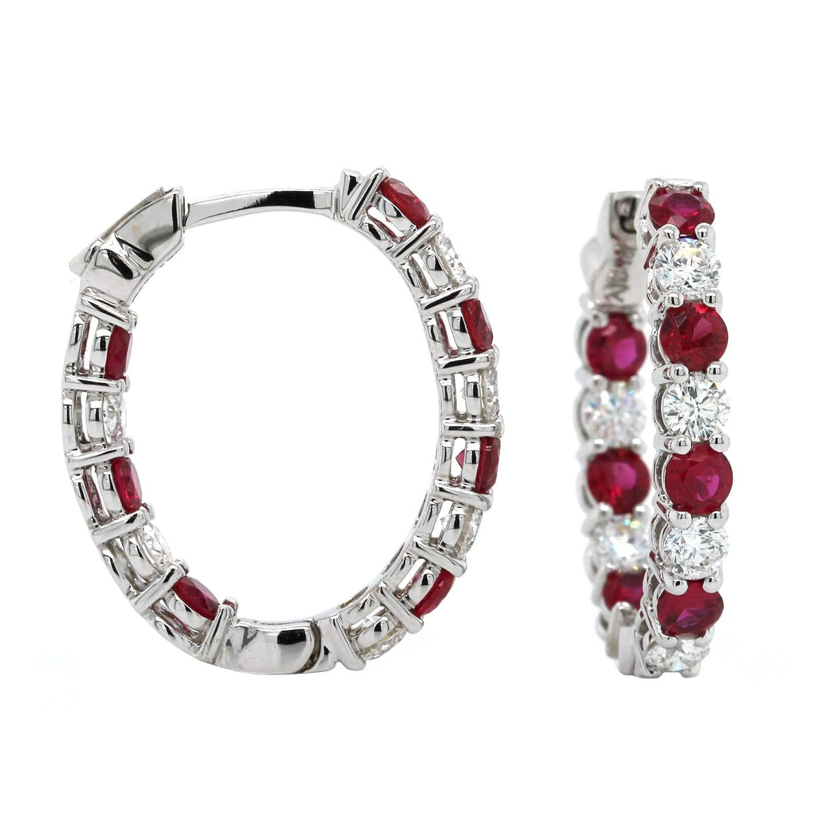 18K White Gold Inside Outside Ruby and Diamond Hoop Earrings, White Gold, Long's Jewelers