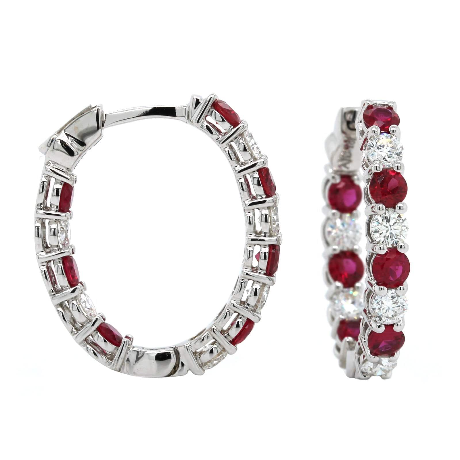 18K White Gold Inside Outside Ruby and Diamond Hoop Earrings, White Gold, Long's Jewelers