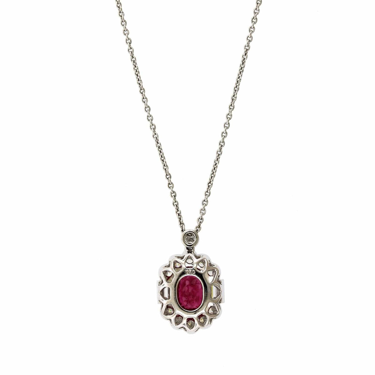 18K White Gold Oval Ruby with Round and Baguette Diamond Halo Necklace
