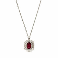 18K White Gold Oval Ruby with Round and Baguette Diamond Halo Necklace, White Gold, Long's Jewelers