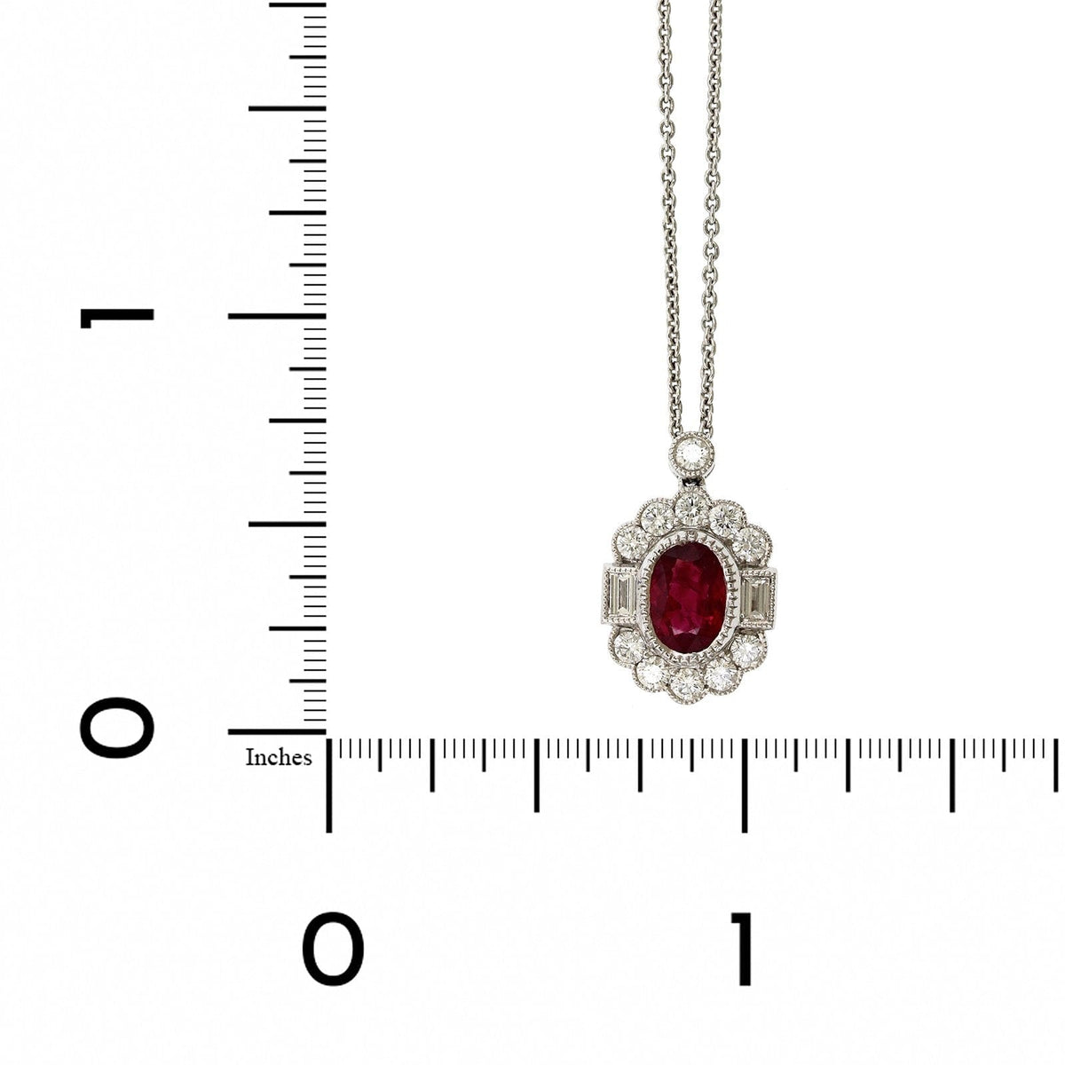 18K White Gold Oval Ruby with Round and Baguette Diamond Halo Necklace
