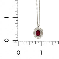 18K White Gold Oval Ruby with Round and Baguette Diamond Halo Necklace