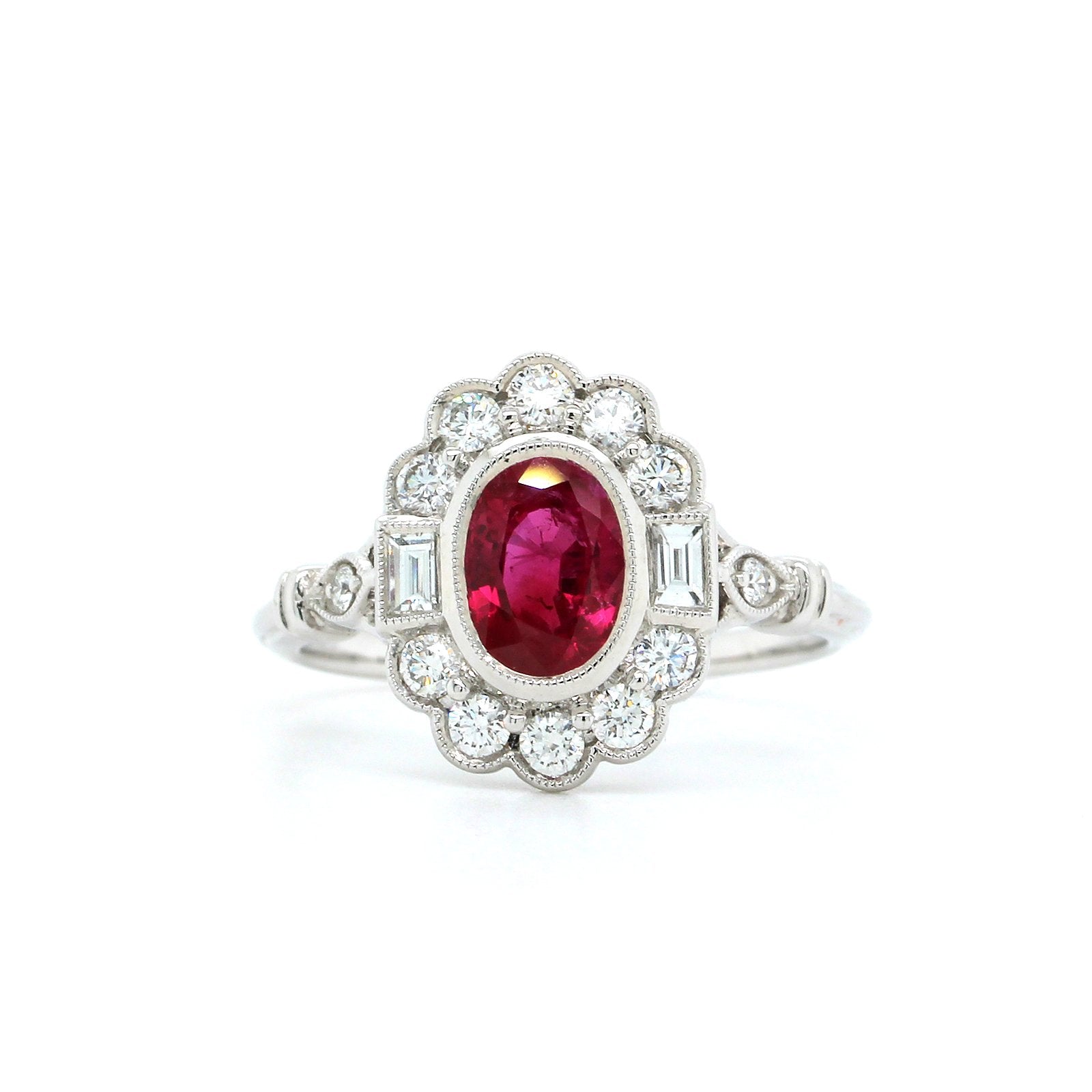 18K White Gold Oval Ruby with Round and Baguette Diamond Halo Ring, White Gold, Long's Jewelers