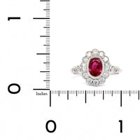 18K White Gold Oval Ruby with Round and Baguette Diamond Halo Ring