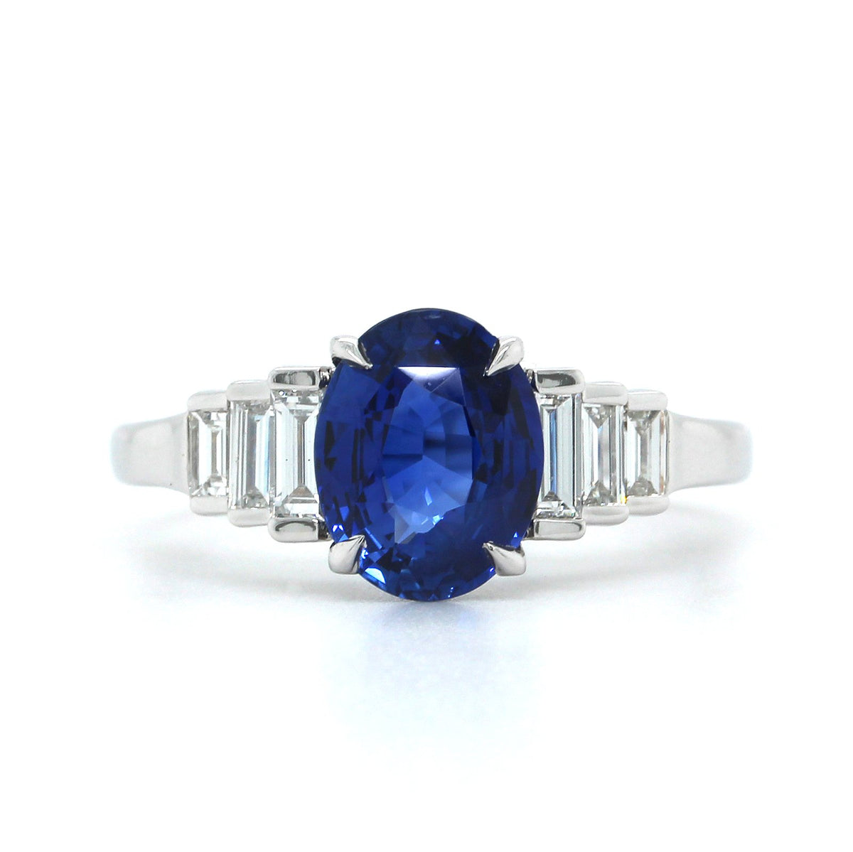 18K White Gold Oval Sapphire and Side Baguette Diamond Ring, Gold, Long's Jewelers