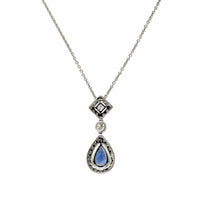 18K White Gold Pear Shape Sapphire Diamond Necklace, 18k white gold, Long's Jewelers