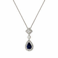 18K White Gold Pear Shape Sapphire Diamond Necklace, 18k white gold, Long's Jewelers