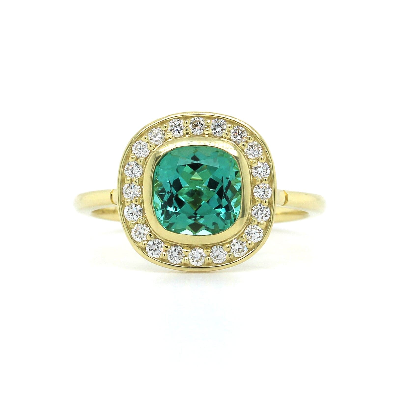 18K Yellow Gold Blue Green Tourmaline Diamond Halo Ring, 18k yellow gold, Long's Jewelers