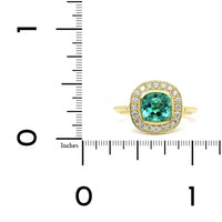 18K Yellow Gold Blue Green Tourmaline Diamond Halo Ring, 18k yellow gold, Long's Jewelers
