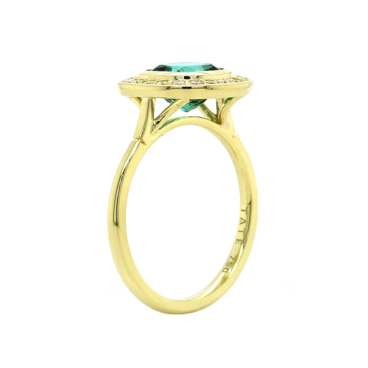 18K Yellow Gold Blue Green Tourmaline Diamond Halo Ring, 18k yellow gold, Long's Jewelers