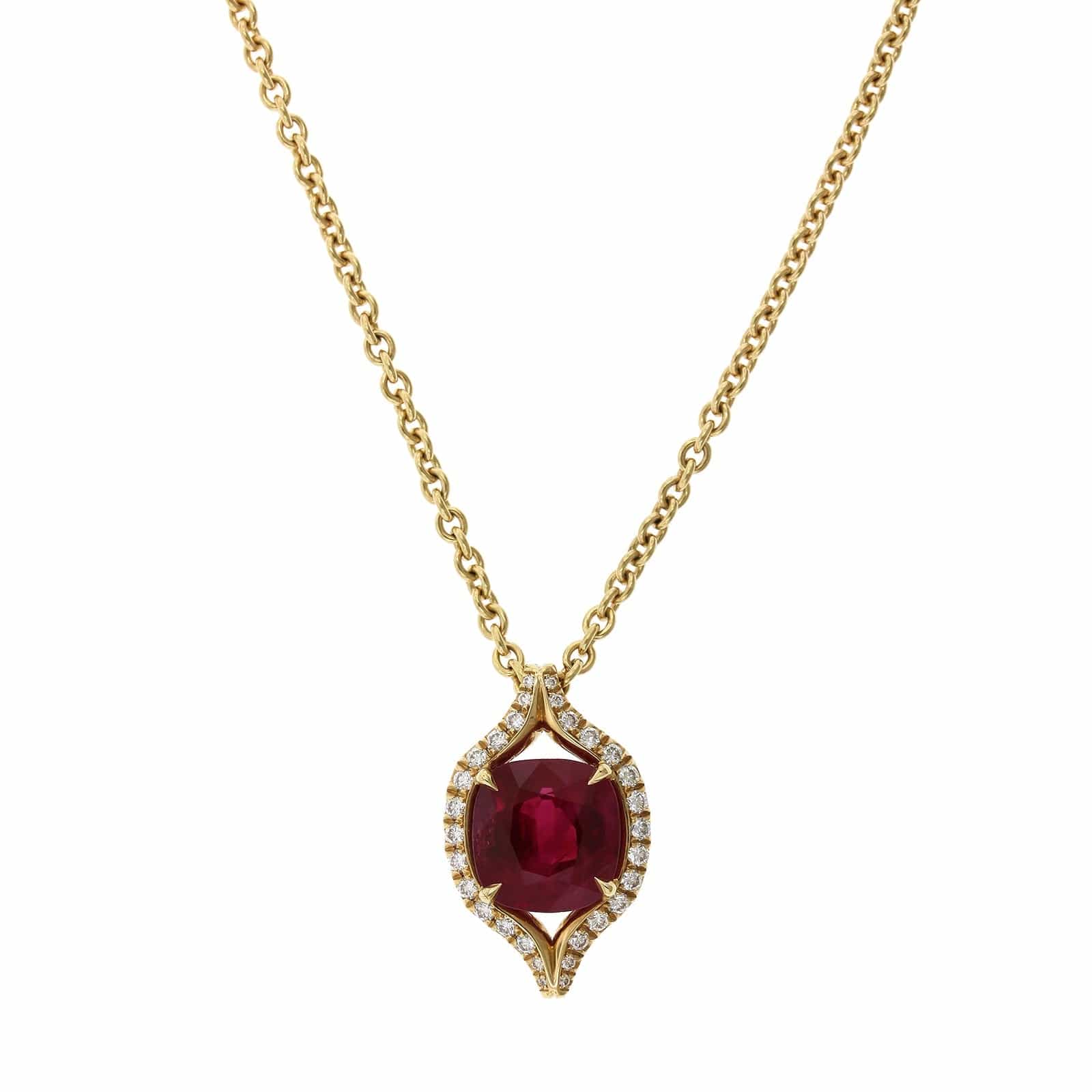 18K Yellow Gold Cushion Ruby Diamond Halo Necklace, 18K Yellow Gold, Long's Jewelers
