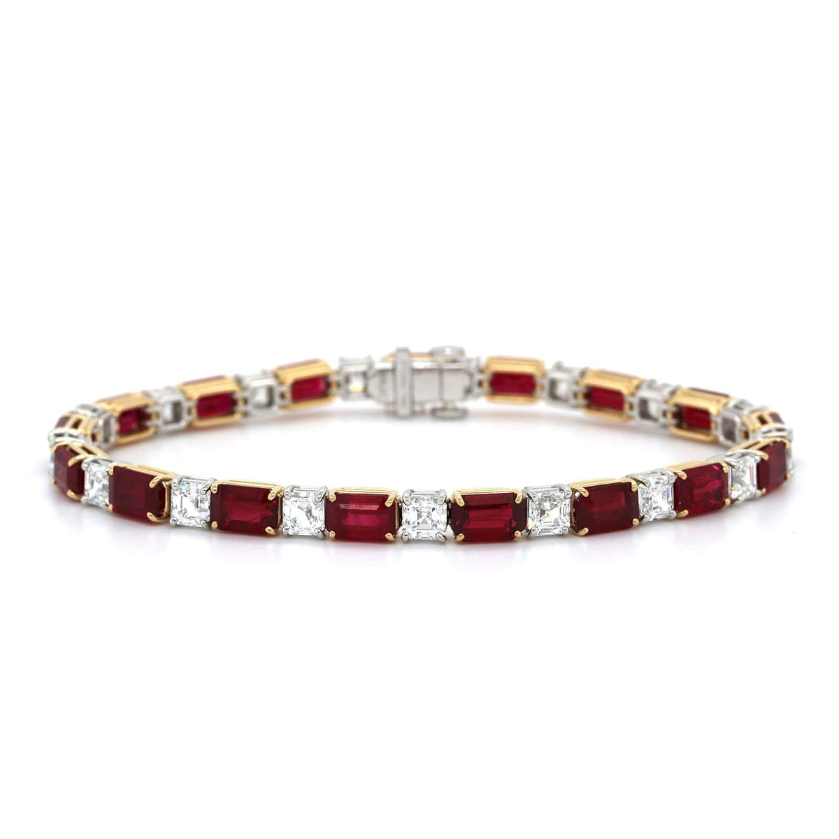 18K Yellow Gold Emerald Cut Ruby and Asscher Cut Diamond Tennis Bracelet, 18K Yellow Gold, Long's Jewelers