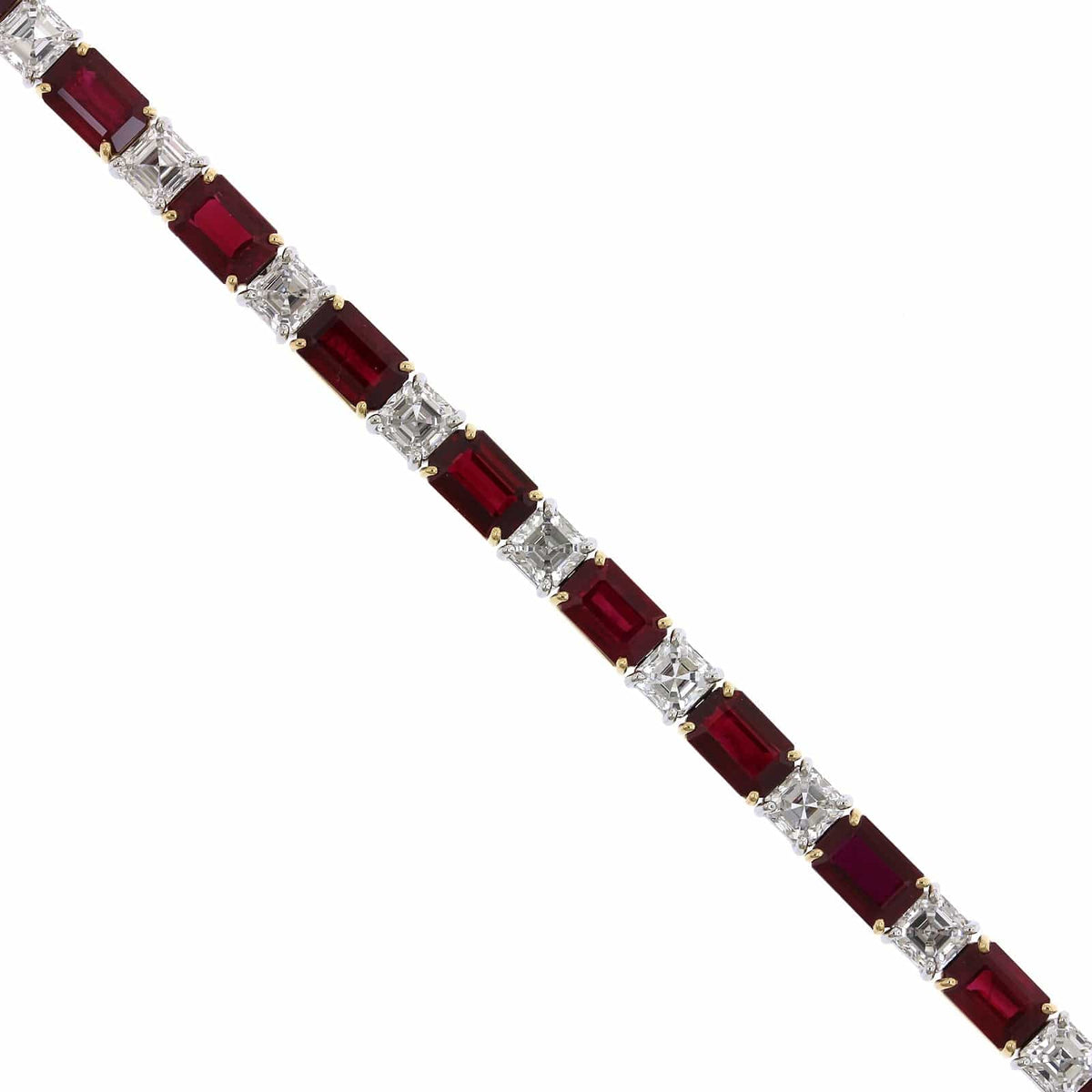 18K Yellow Gold Emerald Cut Ruby and Asscher Cut Diamond Tennis Bracelet, 18K Yellow Gold, Long's Jewelers