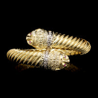 18K Yellow Gold Estate Ruby and Diamond Lion Head Chimera Bangle, Gold, Long's Jewelers