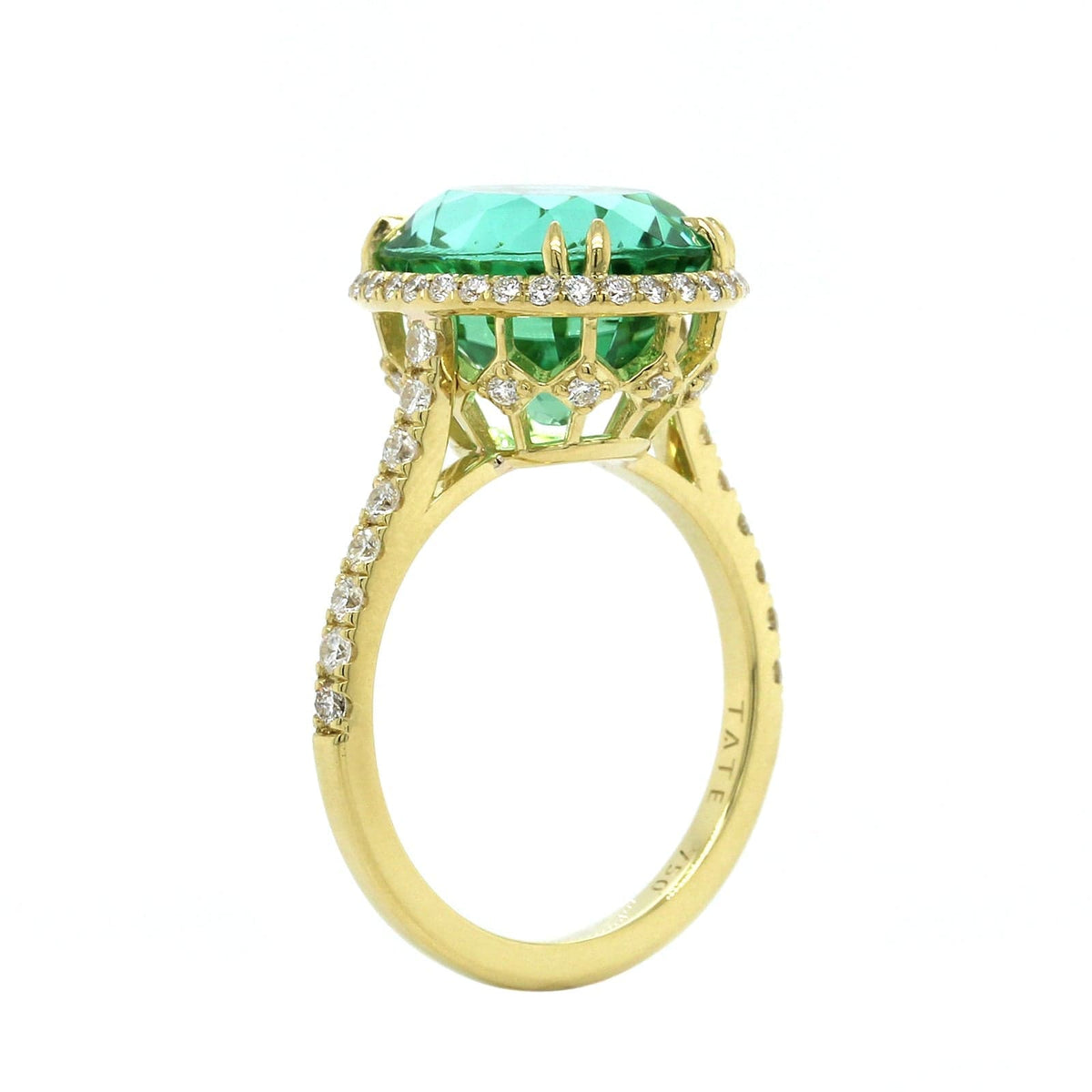 18K Yellow Gold Green Tourmaline Diamond Halo Ring, 18k yellow gold, Long's Jewelers