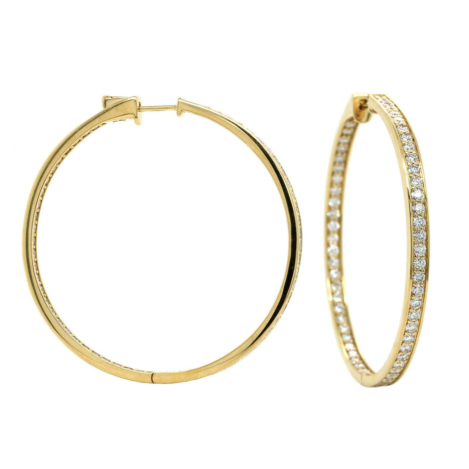 18K Yellow Gold Inside Outside Bead Set Diamond Hoop Earrings, Yellow Gold, Long's Jewelers