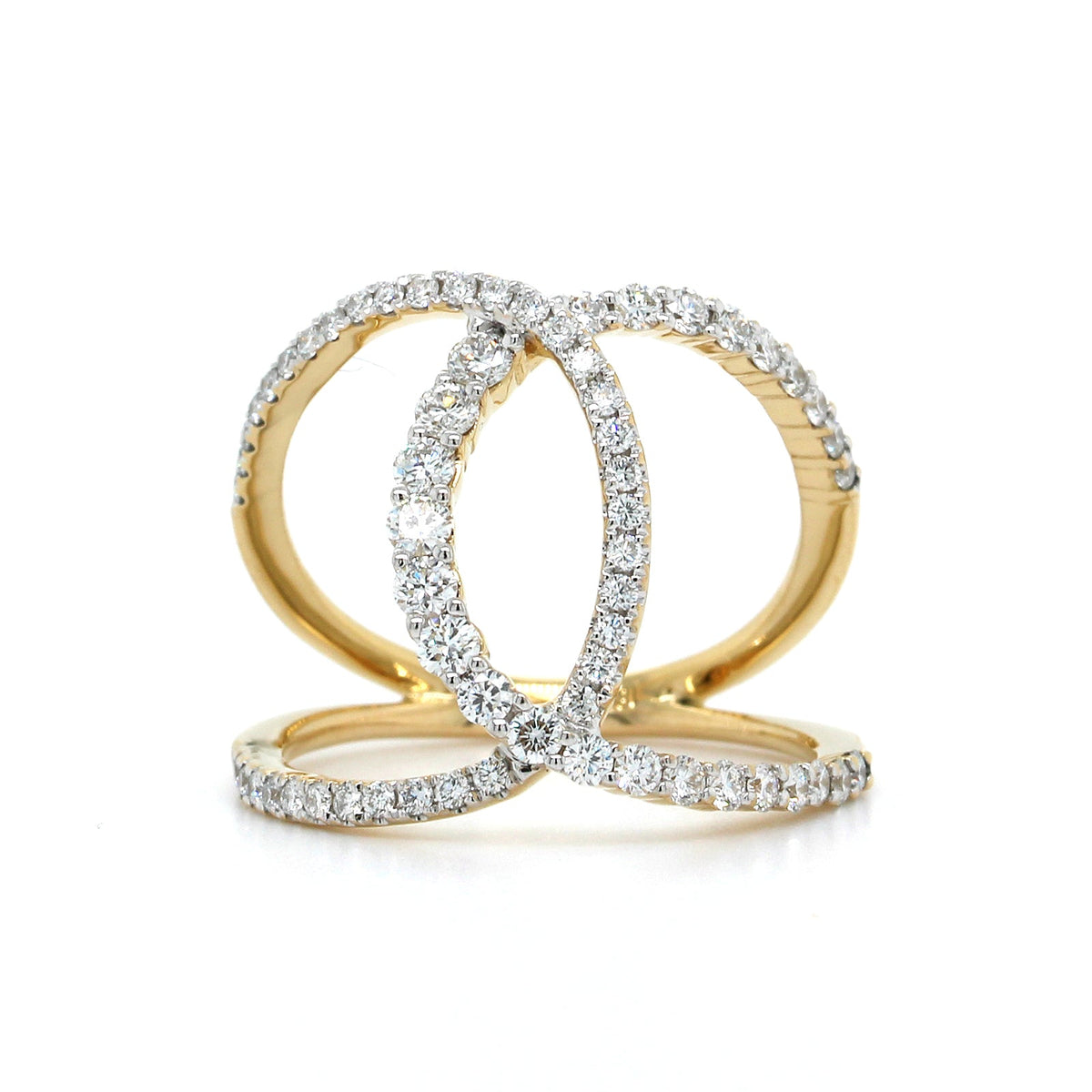 18K Yellow Gold Interlocking Diamond Ring, 18k yellow with 18k white gold prongs, Long's Jewelers