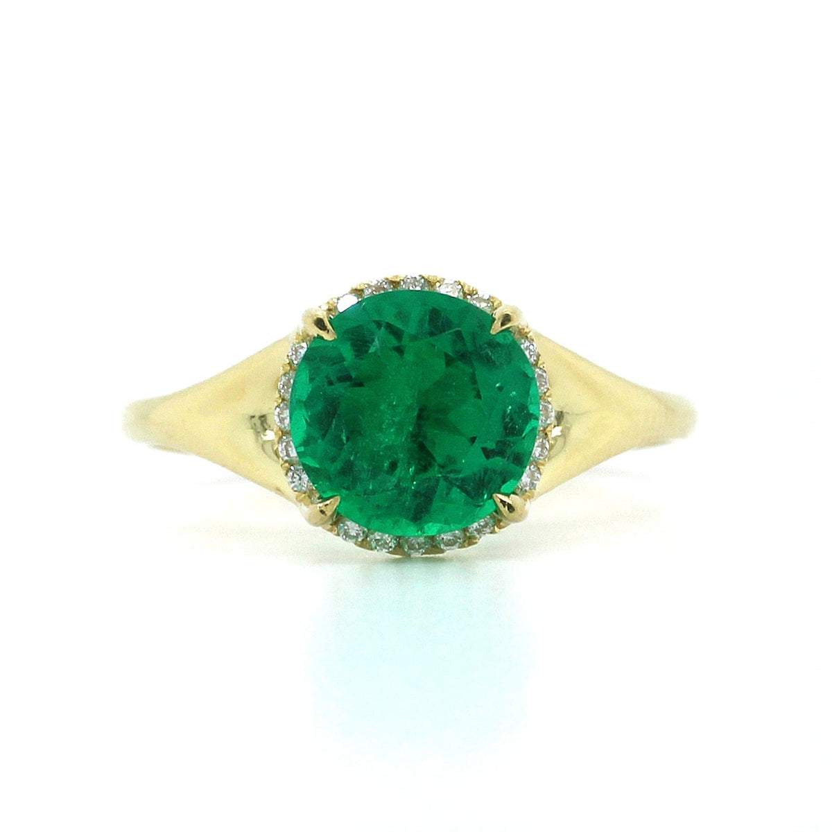 18K Yellow Gold Round Emerald Diamond Halo Ring, 18k yellow gold, Long's Jewelers