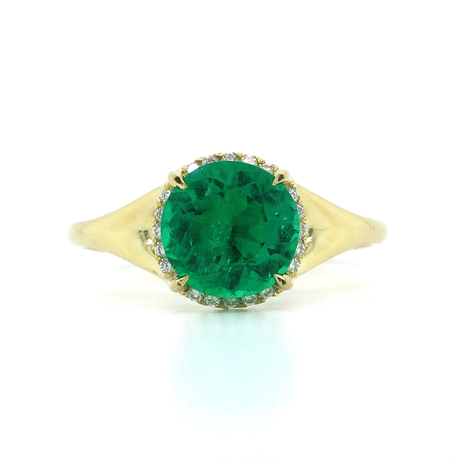 18K Yellow Gold Round Emerald Diamond Halo Ring, 18k yellow gold, Long's Jewelers