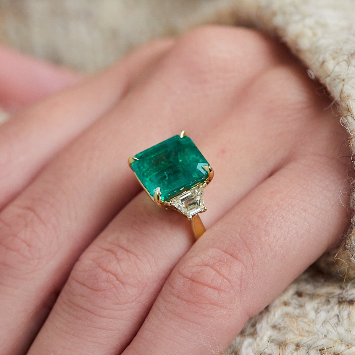 18K Yellow Gold Three-Stone Emerald and Diamond Ring, Gold, Long's Jewelers