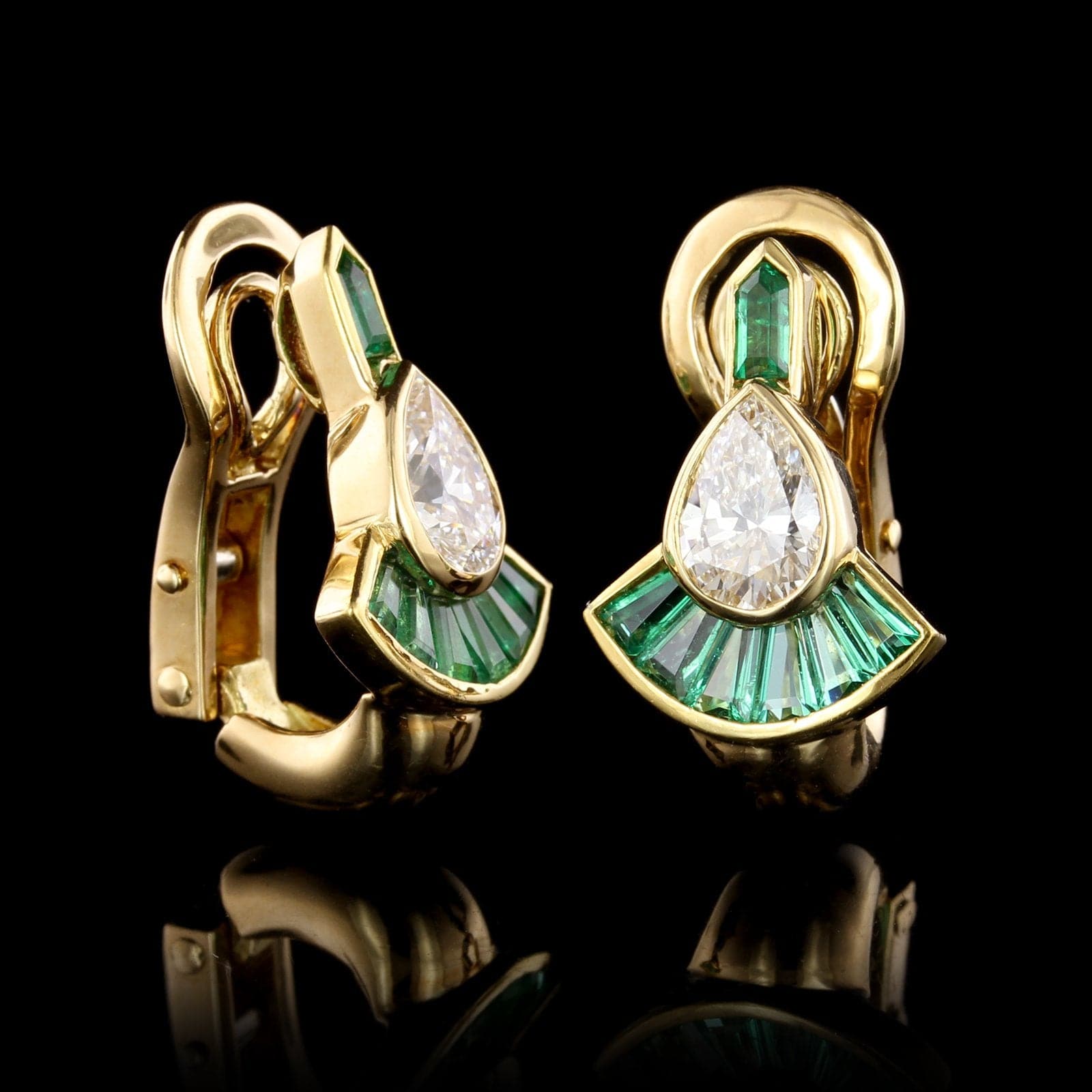 Mellerio Dits Mellor 18K Yellow Gold Diamond and Emerald Earrings, France