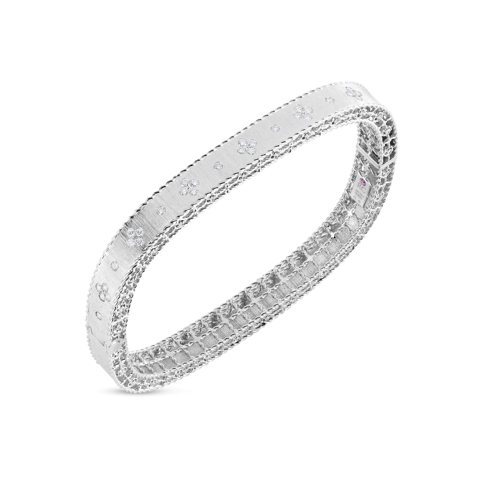Roberto Coin 18K White Gold Princess Satin Finish Bangle with Fleur de Lis Diamonds