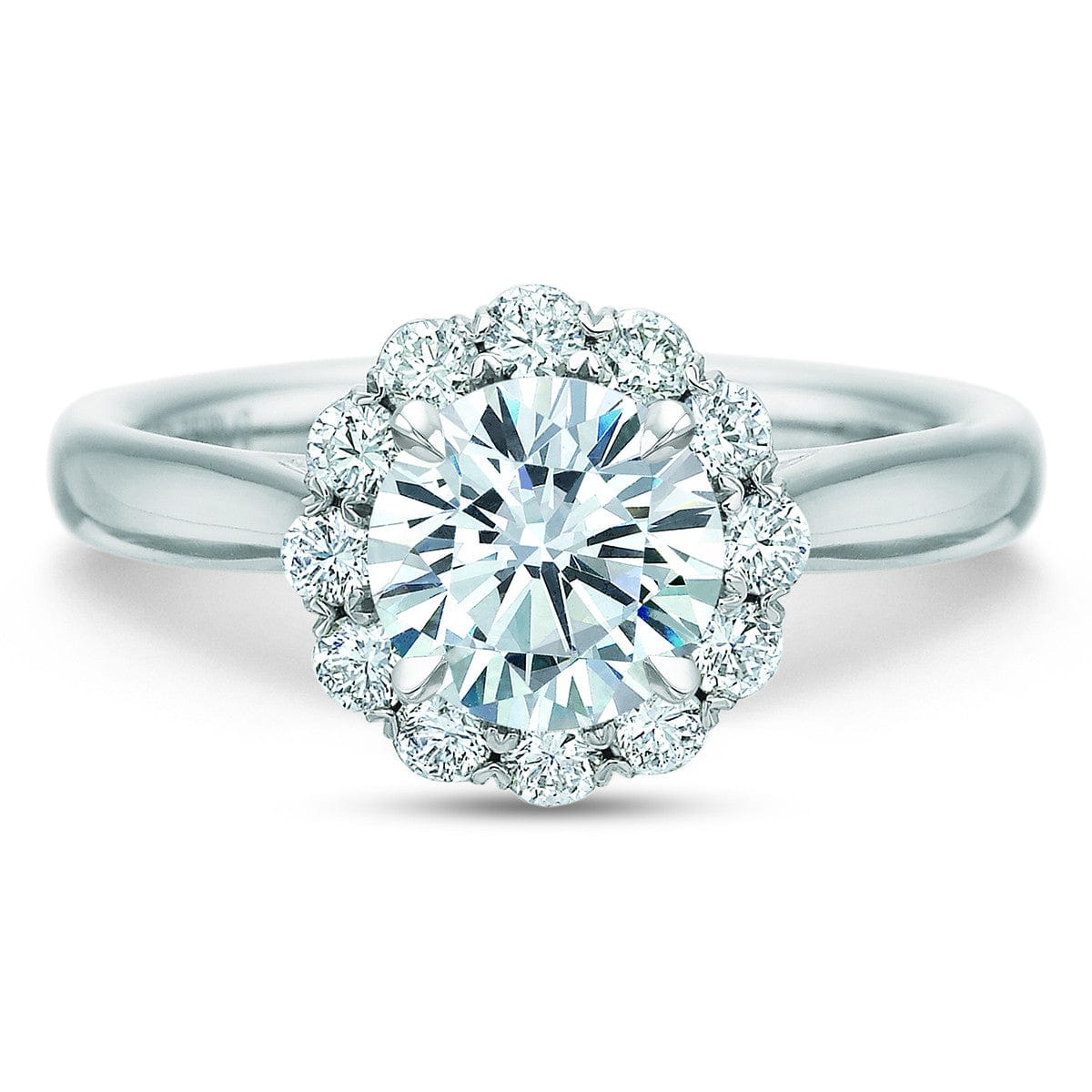 18K White Gold Diamond Halo Plain Shank Engagement Ring
