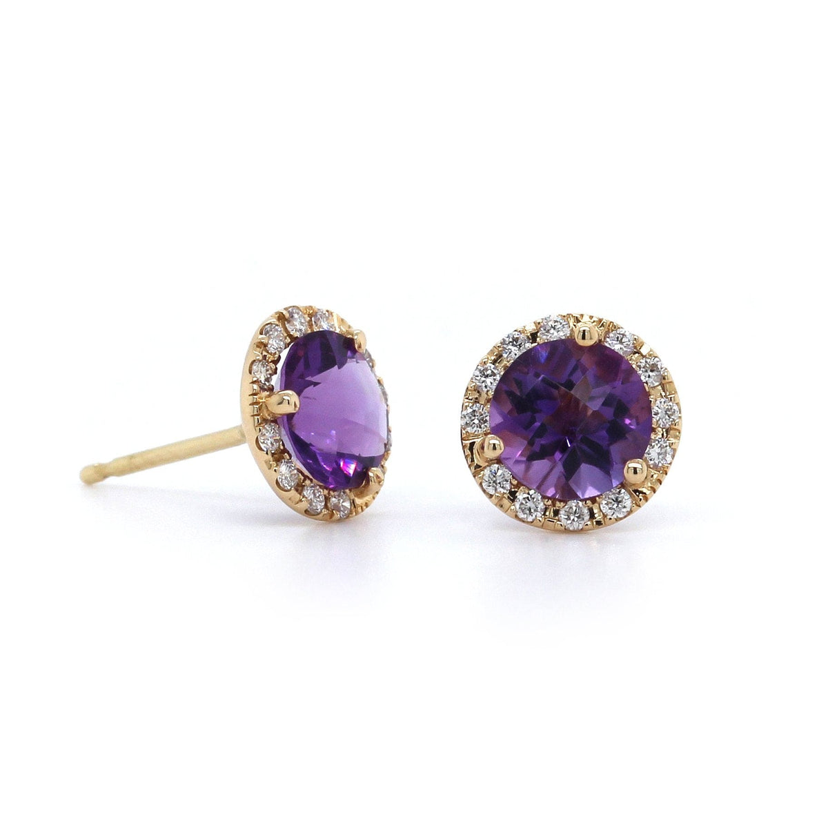 14K Yellow Gold Amethyst with Diamond Halo Stud Earrings