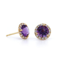 14K Yellow Gold Amethyst with Diamond Halo Stud Earrings