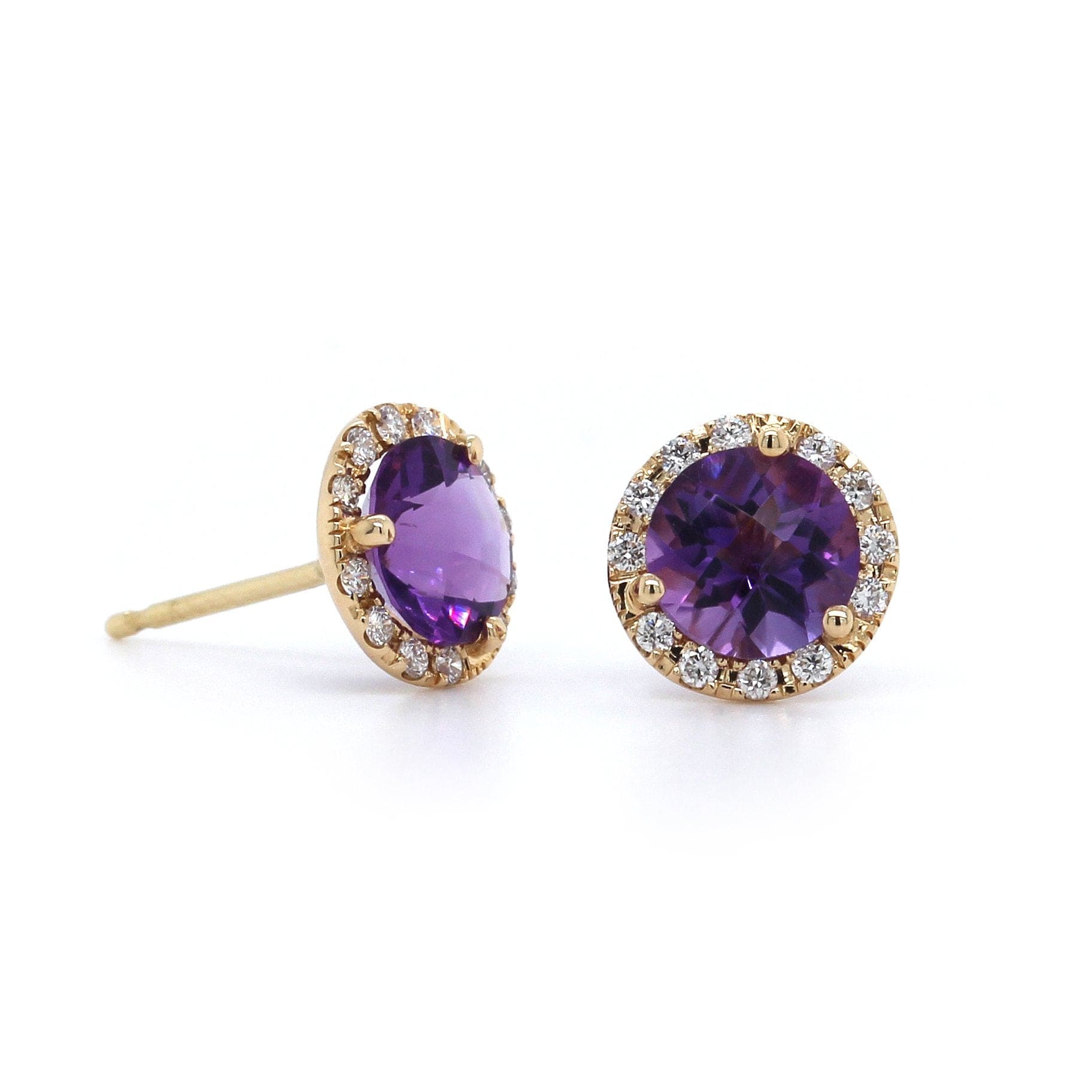 14K Yellow Gold Amethyst with Diamond Halo Stud Earrings