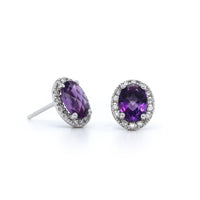 14K White Gold Amethyst with Diamond Halo Stud Earrings