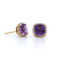 14K Yellow Gold Amethyst with Diamond Halo Stud Earrings
